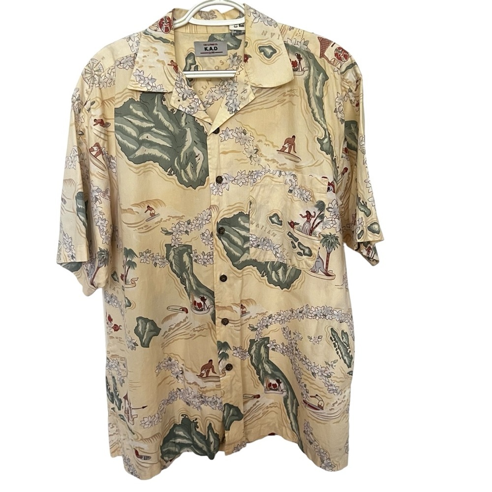 Kad Hawaiian Island Button-Up Shirt Men's Size Large Short‎ Sleeves Multicolor